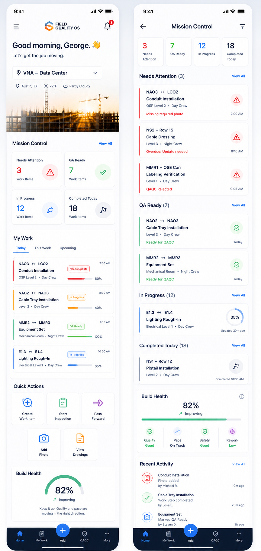 Mobile Field Quality OS dashboard inspiration showing Mission Control, work items, quick actions, build health, and recent activity.
